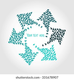 Flock of pigeons flying in an arrow. Teamwork concept. Vector illustration