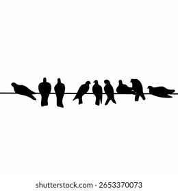 A flock of pigeons perched on a power line. Vector silhouette.