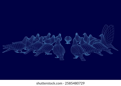 A flock of pigeons are sitting on a blue background. The image is a digital rendering of the birds