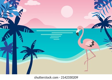 A flock of pink flamingo in the blue water. Tropical islands with palm trees. Summer. Bird of Africa and South America. Flat vector landscape EPS