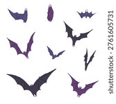 Flock of purple bats flying together in the air