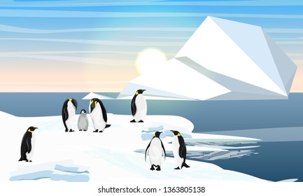 A flock of realistic emperor penguins with a chick. Coast of cold ocean or sea. Iceberg. Landscapes of the Antarctic.