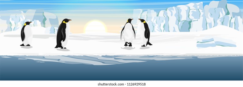 A flock of realistic imperial penguins. The glacier and the snow-covered plains and the cold blue sea. Landscapes of the Antarctic.