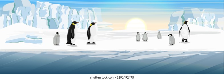 A flock of realistic imperial penguins with many little chicks. The glacier and the snow-covered plains and the cold blue sea. Landscapes of the Antarctic.