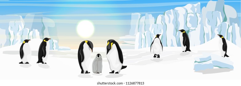 A flock of realistic imperial penguins. Penguins are parents and their chick. The glacier and the snow-covered plain. Landscapes of the Antarctic.