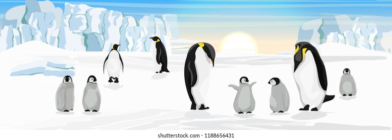 A flock of realistic imperial penguins. Penguins are parents and their chick. Group of youngsters. The glacier and the snow covered plain. Landscapes of the Antarctic.