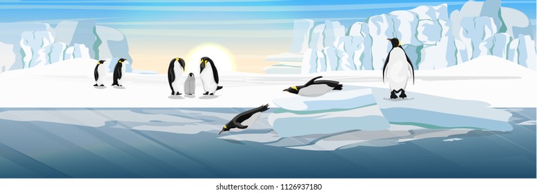 A flock of realistic imperial penguins. Two penguins dive from the ice floe into the water. The glacier and the snow-covered plains and the cold blue sea. Landscapes of the Antarctic.