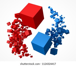 flock of red and blue cubes, rotating around each other. 3d style vector illustration