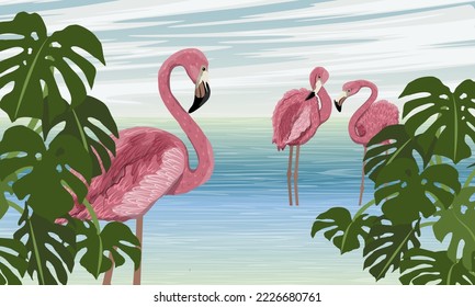 A flock of red flamingos on the seashore with tropical plants. Wild birds of South America, Galapagos and Caribbean islands. Realistic vector landscape