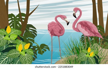 A flock of red flamingos on the seashore with tropical plants and trees. Wild birds of South America, Galapagos and Caribbean islands. Realistic vector landscape