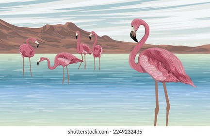 A flock of red flamingos on the shore and in the sea. Caribbean flamingo. Wild birds of South America, Galapagos and Caribbean islands. Realistic vector landscape