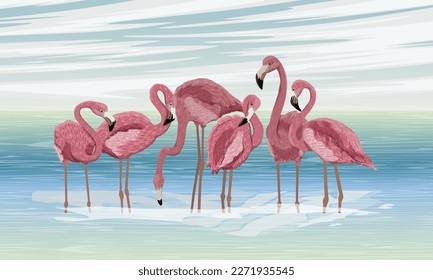 A flock of red flamingos stands in the water of a tropical sea. Wild birds of South America, Galapagos and Caribbean islands. Realistic vector landscape