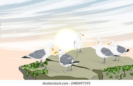 A flock of sea gulls are sitting on a large stone above the sea. Wild seabirds. Realistic vector landscape