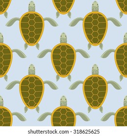 Flock of sea turtles. Water turtle seamless pattern. Vector background of aquatic reptile with shell.
