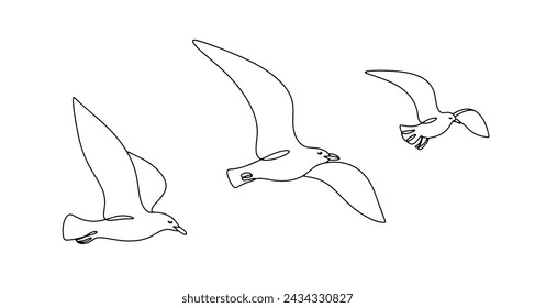 A flock of seagulls flies forward. Beautiful birds living near bodies of water. Vector illustration. Images produced without the use of any form of AI software at any stage. 