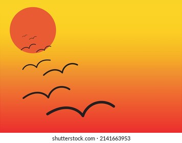 flock of seagulls flying into the sunset