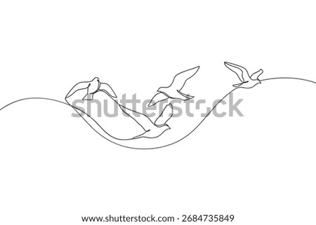 Flock of Seagulls Flying over the Sea Continuous One Line Drawing Vector. Birds and Freedom Vector Art.