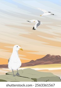 A flock of seagulls on the seashore at sunset. Realistic vector vertical landscape