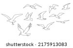 Flock of seagulls. Seabirds flying together, one line seagull and ocean birds vector sketch illustration. Wild seabirds with feathered wings minimalistic linear art, outline for tattoo