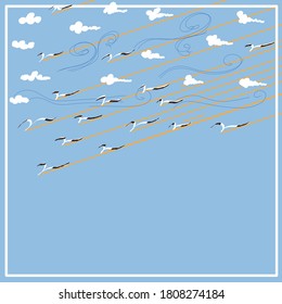 Flock of seagulls with straight yellow flying path on light blue sky with small floating clouds and wind, under concept of team working and freedom with empty copy space for text quote for background