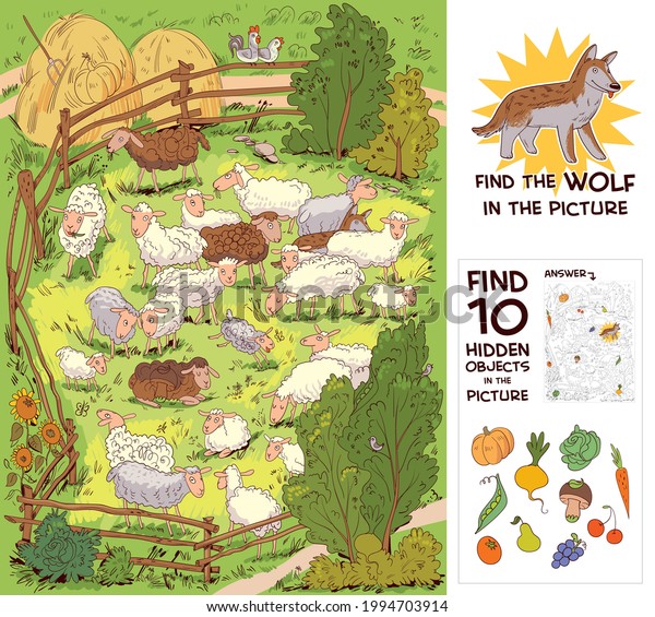 Flock of sheep in corral.\
Find the wolf among the sheep. Find 10 hidden objects in the\
picture. Puzzle Hidden Items. Funny cartoon character. Vector\
illustration
