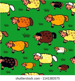 Flock of sheep in different colors. Colored seamless pattern for gift or card.