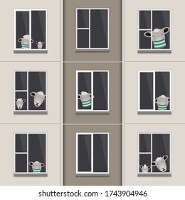 Una bandada de ovejas se escondió en una casa de alto panel. Ilustración vectorial.