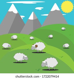 Flock of sheep on the field in vector