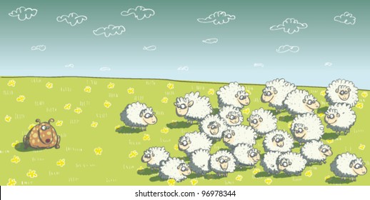 Flock of Sheep and Sheepdog