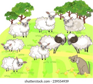 Flock of sheep and shepherd dog