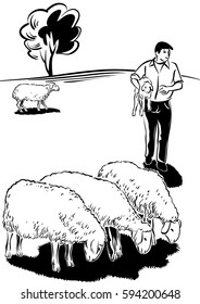 Flock of sheep and shepherd with a lamb in her arms.