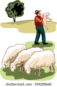 Flock of sheep and shepherd with a lamb in her arms.