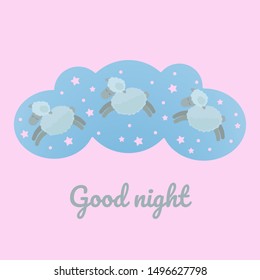 Flock of sheeps flying and jumping in  sky. Good night card. Pink background.  Concept of trying to sleep, insomnia, counting sheeps 