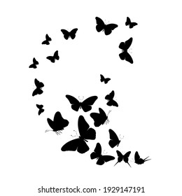 Flock of silhouette black butterflies on white background. Vector