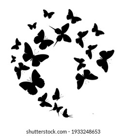 Flock of silhouette black butterflies on white background. Vector