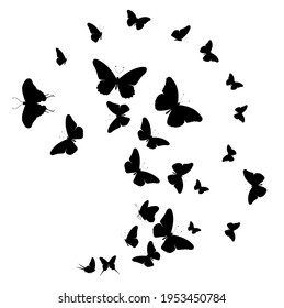 Flock of silhouette black butterflies on white background. Vector