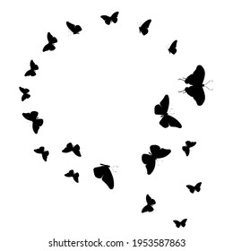 Flock of silhouette black butterflies on white background. Vector