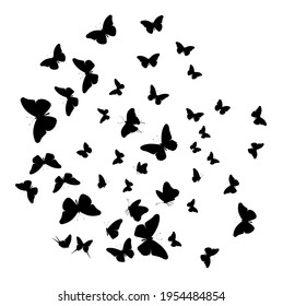 Flock of silhouette black butterflies on white background. Vector