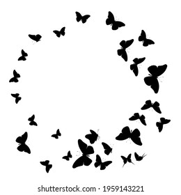 Flock of silhouette black butterflies on white background. Vector