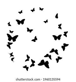 Flock of silhouette black butterflies on white background. Vector