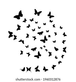 Flock of silhouette black butterflies on white background. Vector