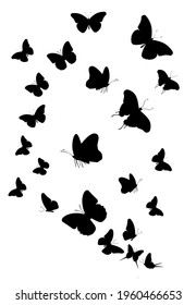 Flock of silhouette black butterflies on white background. Vector