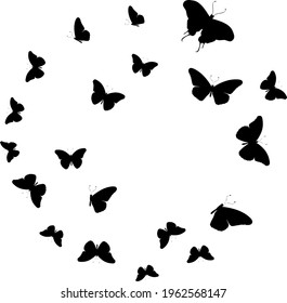 Flock of silhouette black butterflies on white background. Vector