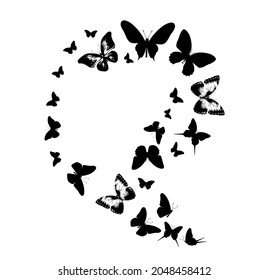 Flock of silhouette black butterflies on white background. Vector