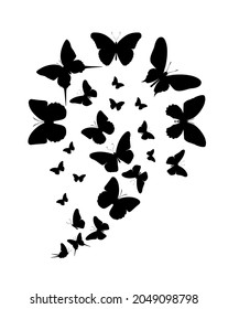 Flock of silhouette black butterflies on white background. Vector