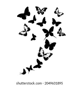 Flock of silhouette black butterflies on white background. Vector