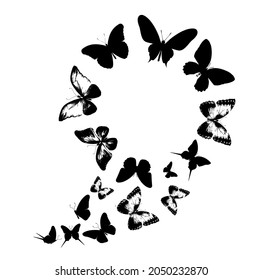 Flock of silhouette black butterflies on white background. Vector