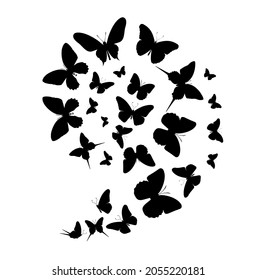Flock of silhouette black butterflies on white background. Vector