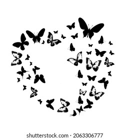Flock of silhouette black butterflies on white background. Vector