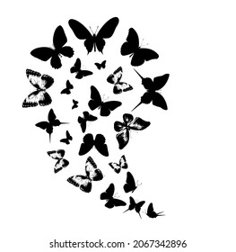 Flock of silhouette black butterflies on white background. Vector